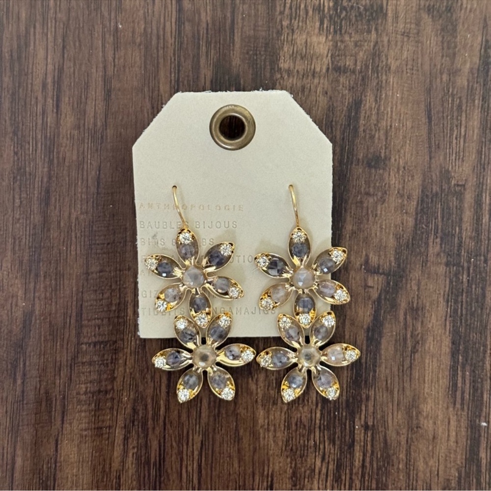 Anthropologie 14 k gold plated crystal flower earring